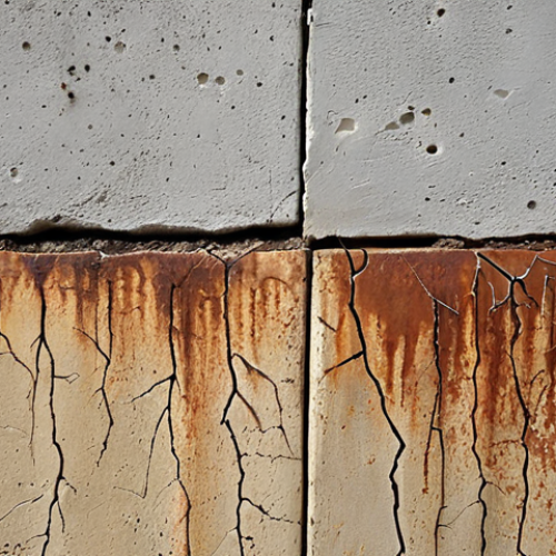 **
A concrete wall showing a mix of hairline and structural cracks. Close-up view emphasizing the different crack patterns. Add visual cues of water seepage around the hairline cracks and some minor rust staining from the rebar.
*Image aspect ratio: 1:1*

**