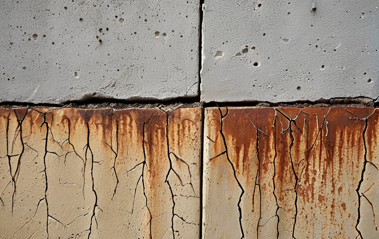 **
A concrete wall showing a mix of hairline and structural cracks. Close-up view emphasizing the different crack patterns. Add visual cues of water seepage around the hairline cracks and some minor rust staining from the rebar.
*Image aspect ratio: 1:1*

**