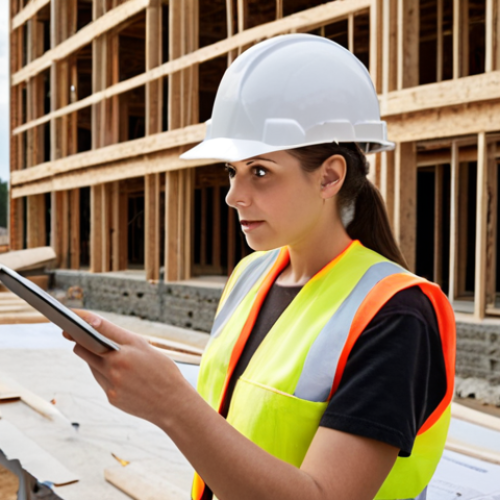 **

A young building appraiser, possibly a female, on a construction site wearing a safety vest and hard hat, holding a tablet and looking attentively at an experienced senior appraiser who is pointing at a blueprint. In the background, a partially completed building is visible. The atmosphere should convey mentorship and learning. The style should be realistic and professional.

**