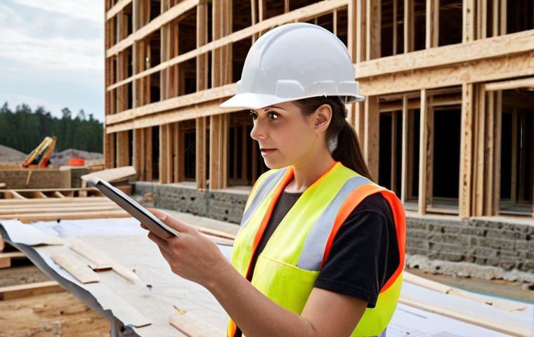 **
A young building appraiser, possibly a female, on a construction site wearing a safety vest and hard hat, holding a tablet and looking attentively at an experienced senior appraiser who is pointing at a blueprint. In the background, a partially completed building is visible. The atmosphere should convey mentorship and learning. The style should be realistic and professional.
**