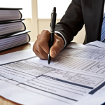 **

A building surveyor meticulously reviewing a construction contract, highlighting specific clauses with a pen. Around them are stacks of building plans and legal documents. Emphasize focus and attention to detail. Include the tagline: "Ketelitian dalam Kontrak: Perisai Undang-Undang Anda" (Diligence in Contracts: Your Legal Shield).

**