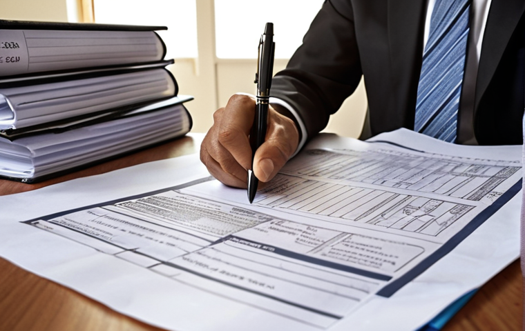 **

A building surveyor meticulously reviewing a construction contract, highlighting specific clauses with a pen. Around them are stacks of building plans and legal documents. Emphasize focus and attention to detail. Include the tagline: "Ketelitian dalam Kontrak: Perisai Undang-Undang Anda" (Diligence in Contracts: Your Legal Shield).

**