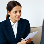 A professional female building surveyor in modest business attire, fully clothed, sitting empathetically opposite a client in a well-lit modern living room. The surveyor is making eye contact, holding a small notepad, actively listening to the client who is subtly gesturing towards a minor, non-disturbing hairline crack on a clean wall in the background. The atmosphere is calm and reassuring, capturing a moment of trust and understanding. Professional photography, natural light, warm tones, perfect anatomy, correct proportions, natural pose, well-formed hands, proper finger count, safe for work, appropriate content, modest, professional dress.
