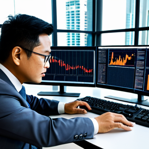 A professional male Malaysian property appraiser, in a modest business suit, seated at a sleek modern desk in a high-tech office. Multiple large computer screens display complex data visualizations, charts, and maps related to property trends in Kuala Lumpur and the Klang Valley, illustrating millions of data points. He is looking at a screen with a focused, analytical expression, his well-formed hands resting on the keyboard. The office is clean, well-lit, and contemporary, with subtle Malaysian architectural elements in the background. Natural lighting streams through large windows, showing a blurred cityscape. Perfect anatomy, correct proportions, natural pose, proper finger count, natural body proportions. Safe for work, appropriate content, fully clothed, professional dress, high-quality, ultra-detailed professional photography.