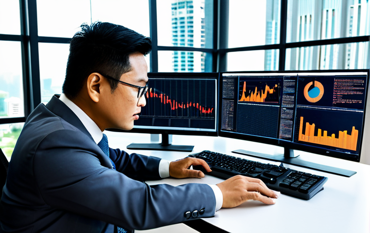 A professional male Malaysian property appraiser, in a modest business suit, seated at a sleek modern desk in a high-tech office. Multiple large computer screens display complex data visualizations, charts, and maps related to property trends in Kuala Lumpur and the Klang Valley, illustrating millions of data points. He is looking at a screen with a focused, analytical expression, his well-formed hands resting on the keyboard. The office is clean, well-lit, and contemporary, with subtle Malaysian architectural elements in the background. Natural lighting streams through large windows, showing a blurred cityscape. Perfect anatomy, correct proportions, natural pose, proper finger count, natural body proportions. Safe for work, appropriate content, fully clothed, professional dress, high-quality, ultra-detailed professional photography.