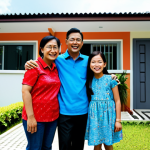 Affordable Housing Joy**

A fully clothed family smiling in front of their new, modest home in a suburban Kuala Lumpur neighborhood. The house is a simple, modern design, surrounded by a small garden. "Safe for work", "appropriate content", "family-friendly", perfect anatomy, natural proportions, professional photography, bright daylight, clear details.

**
