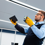 **

A professional building assessor in appropriate attire, fully clothed, using a laser measuring tape to measure the height of a ceiling in a modern office space. The assessor is taking notes on a tablet. Safe for work, professional setting, perfect anatomy, natural pose, well-formed hands, appropriate content, modest attire.

**