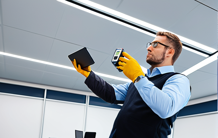 **

A professional building assessor in appropriate attire, fully clothed, using a laser measuring tape to measure the height of a ceiling in a modern office space. The assessor is taking notes on a tablet. Safe for work, professional setting, perfect anatomy, natural pose, well-formed hands, appropriate content, modest attire.

**