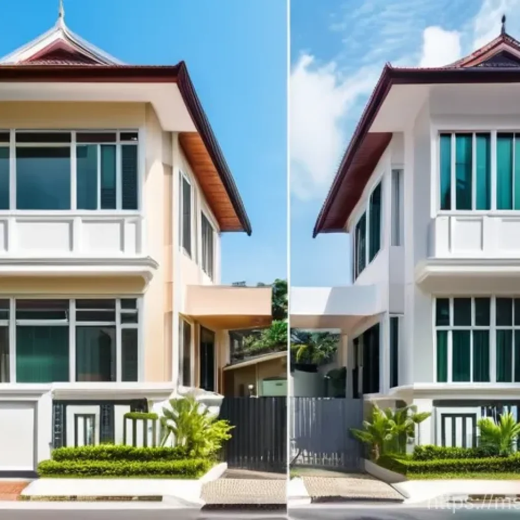 건축평가 실무 사례 분석 - **"A split image showcasing the contrast between a classic and a modern Malaysian residential proper...