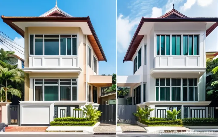 건축평가 실무 사례 분석 - **"A split image showcasing the contrast between a classic and a modern Malaysian residential proper...