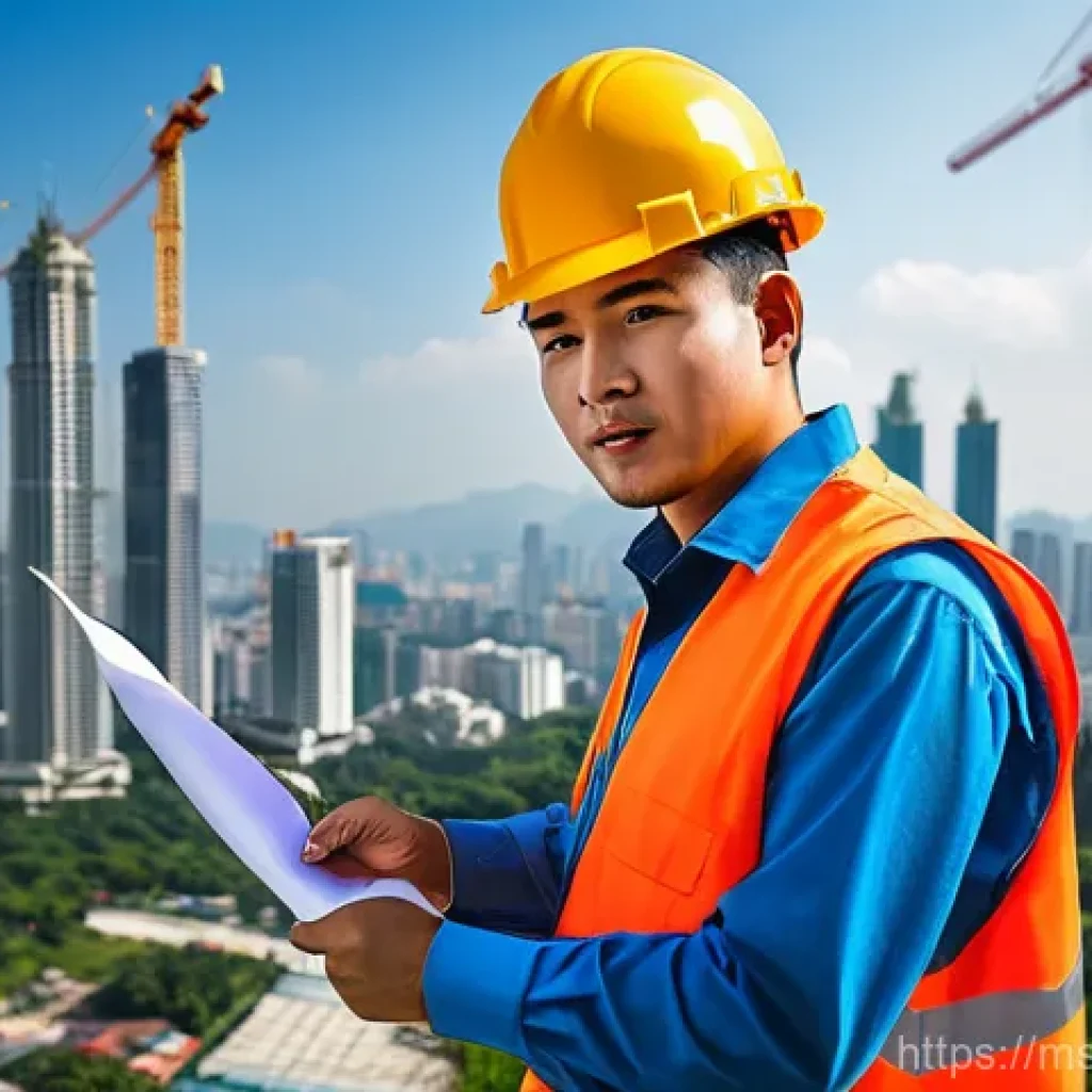 건축평가사와 도시계획 전문가의 협업 - **Prompt:** "A male Malaysian building surveyor, in his late 30s, wearing a crisp orange safety vest...