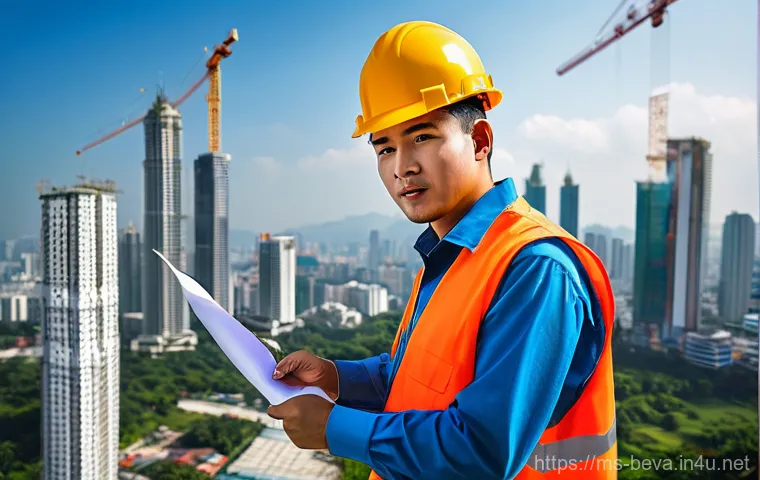 건축평가사와 도시계획 전문가의 협업 - **Prompt:** "A male Malaysian building surveyor, in his late 30s, wearing a crisp orange safety vest...