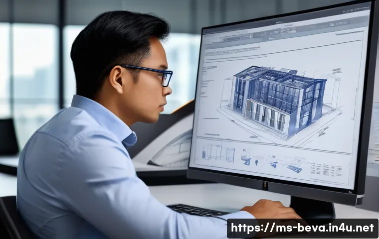 건축평가 실무에서의 필수 소프트웨어 - A professional Malaysian structural engineer using advanced structural analysis software on a high-r...