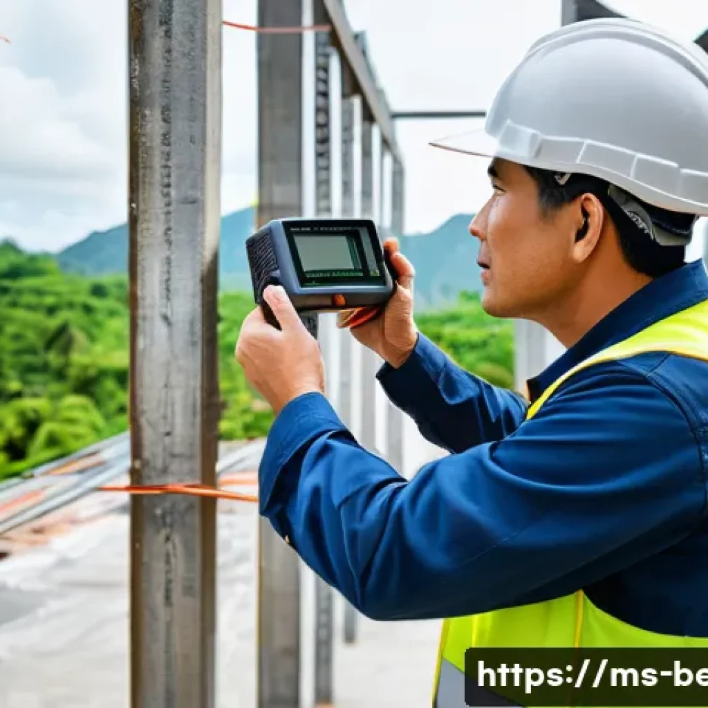 건축평가 전문가의 커리어 로드맵 - A professional building appraiser inspecting a modern Malaysian residential building structure, wear...
