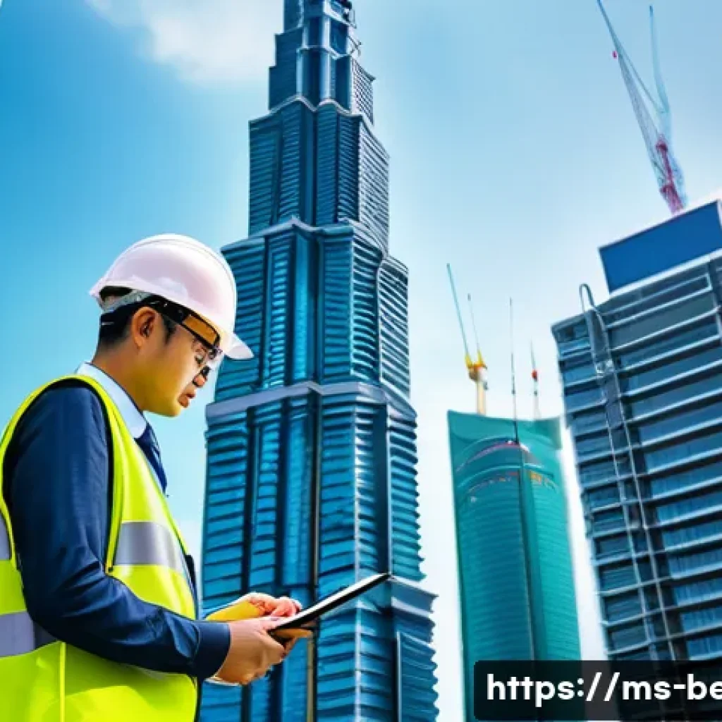 건축평가사의 주요 업무 분야 - A detailed architectural evaluation scene showing a professional building assessor inspecting a mode...