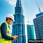 건축평가사의 주요 업무 분야 - A detailed architectural evaluation scene showing a professional building assessor inspecting a mode...