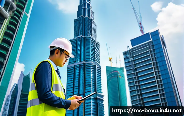 건축평가사의 주요 업무 분야 - A detailed architectural evaluation scene showing a professional building assessor inspecting a mode...