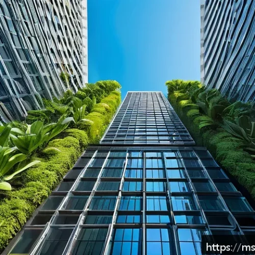 건축평가사가 알아야 할 최신 건축 기술 - A modern Malaysian high-rise building facade equipped with multiple IoT smart sensors visibly attach...